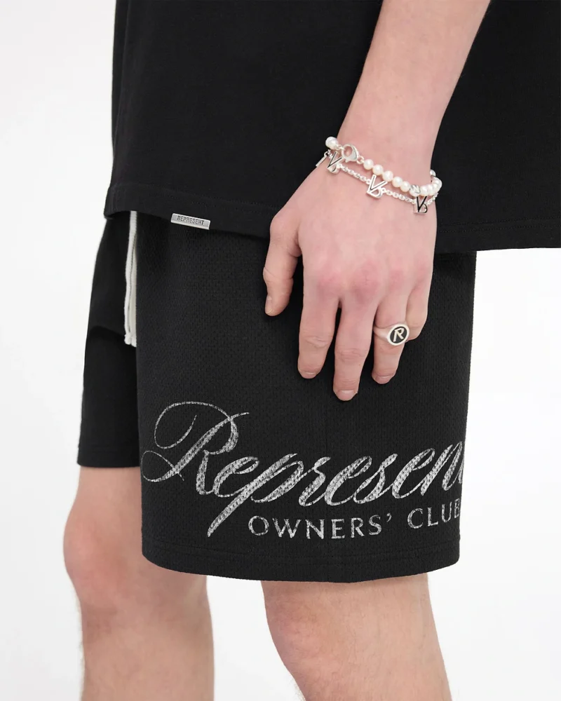 BLACK REPRESENT OWNERS CLUB SCRIPT MESH SHORTS