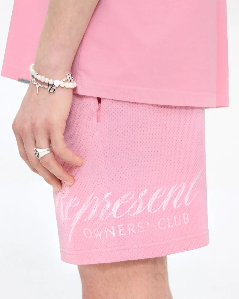 PINK REPRESENT OWNERS CLUB SCRIPT MESH SHORTS